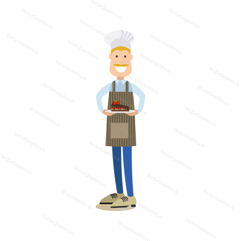 Vector illustration of baker holding plate with slice of cake. Coffee house people flat style design element, icon isolated on white background.
