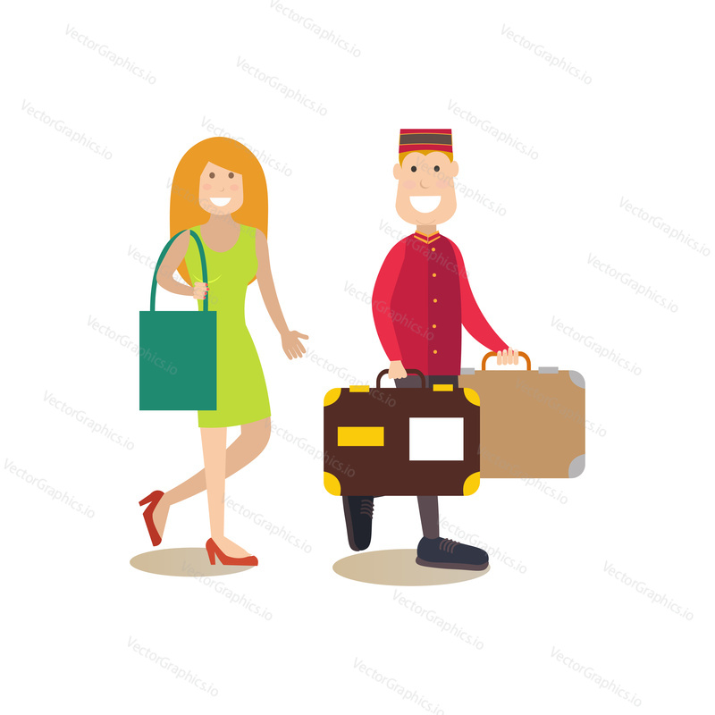 Vector illustration of hotel porter carrying suitcases of client female. Hotel people flat style design element, icon isolated on white background.
