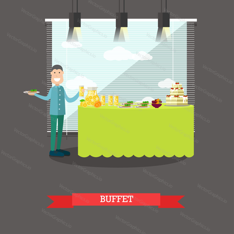 Vector illustration of hotel guest serving himself at restaurant buffet. Hotel restaurant services concept flat style design element.