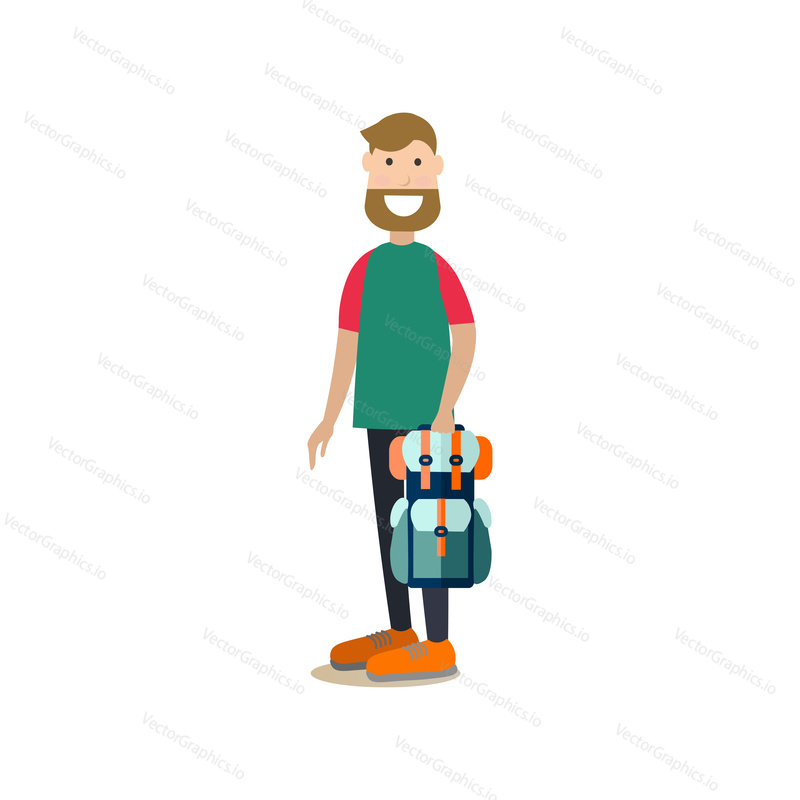 Vector illustration of hotel guest male holding backpack. Hotel people flat style design element, icon isolated on white background.