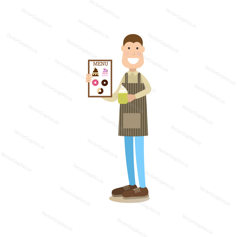 Vektorová ilustrace číšníka nebo baristy držícího menu a hrnek s kávovým nápojem a šlehačkou. Kavárna lidé plochý styl designový prvek, ikona izolované na bílém pozadí.