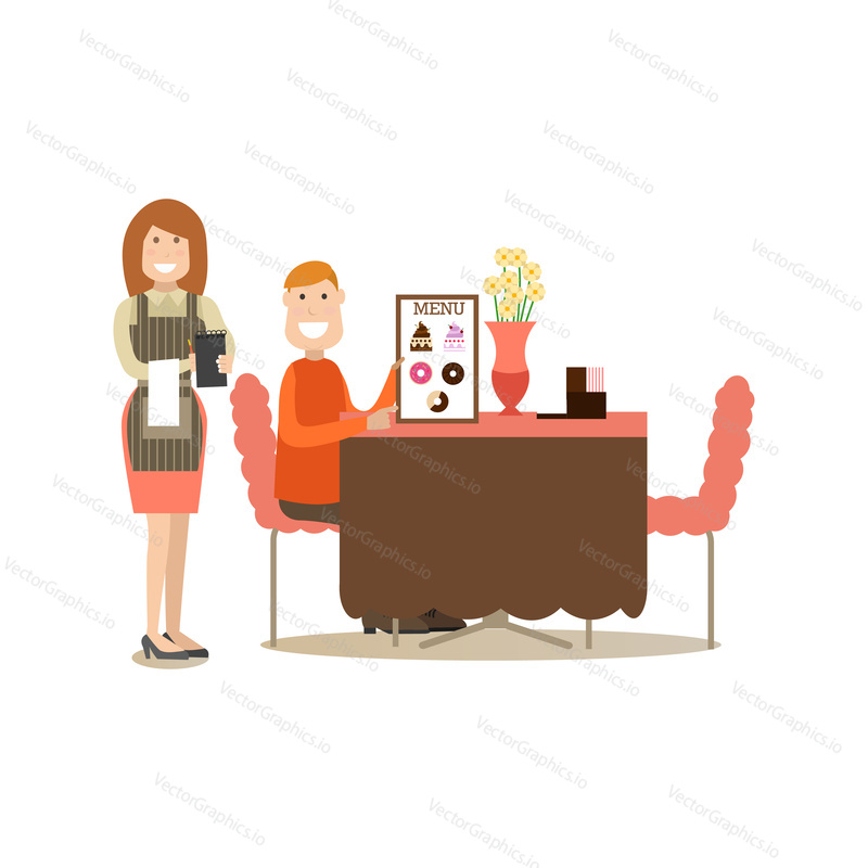 Vector illustration of waitress taking order from visitor male sitting at table and holding menu. Coffee house people flat style design element, icon isolated on white background.