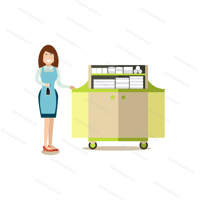 Hotel housemaid standing next to cart with clean bed linen and towels. Hotel people flat style design element, icon isolated on white background.
