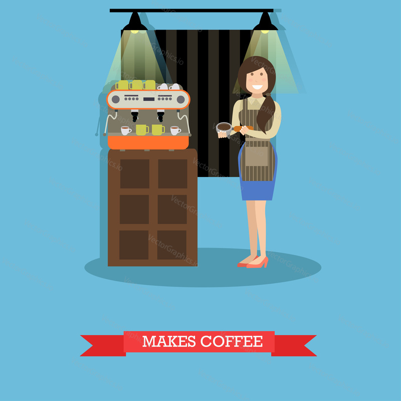 Vector illustration of coffee house worker female making coffee. Coffee shop interior with commercial espresso coffee automatic machine. Flat style design.