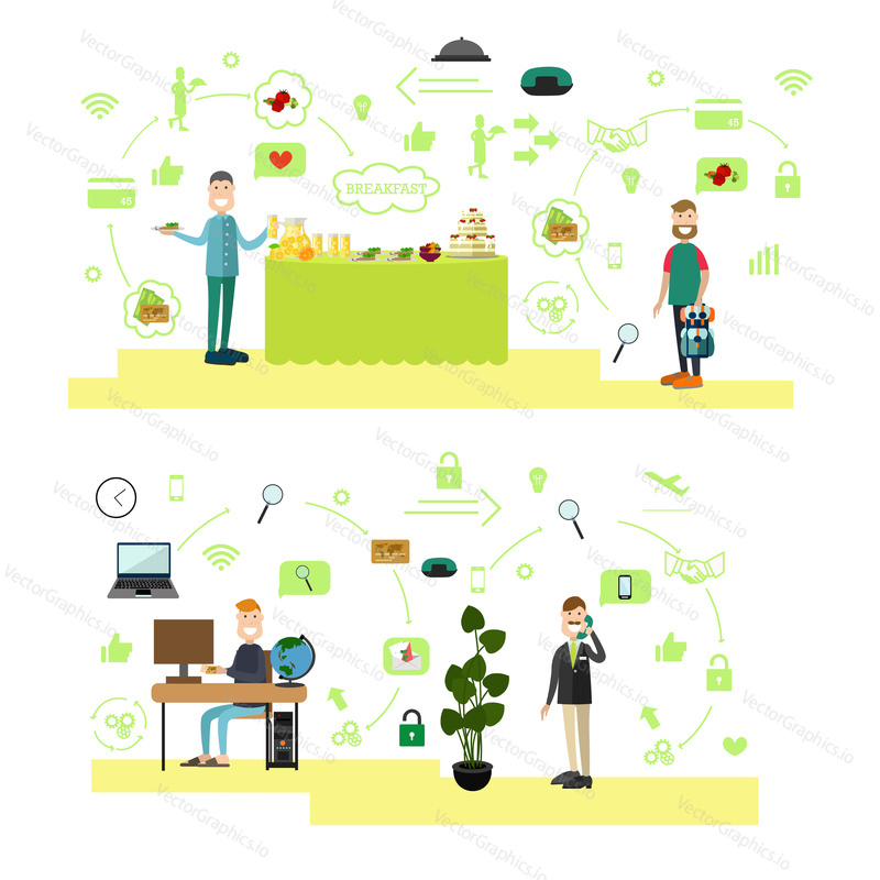 Vector illustration of diner male serving himself at hotel buffet, man making online reservation of hotel room. Hotel people flat style design elements, icons isolated on white background.