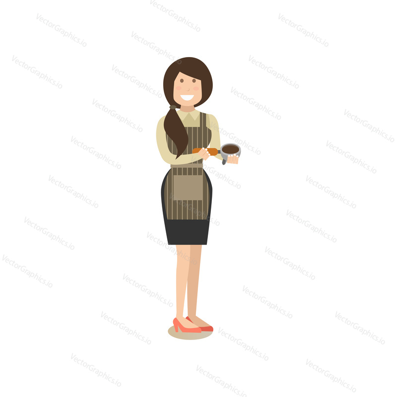 Vector illustration of coffee shop worker female making coffee. Coffee house people flat style design element, icon isolated on white background.