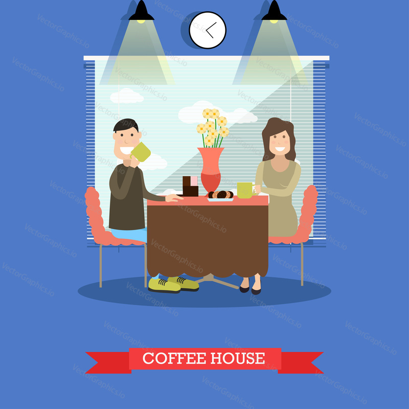 Kavárna koncept vektorové ilustrace. Šťastný pár sedí u stolu, pití kávy plochý styl designový prvek.