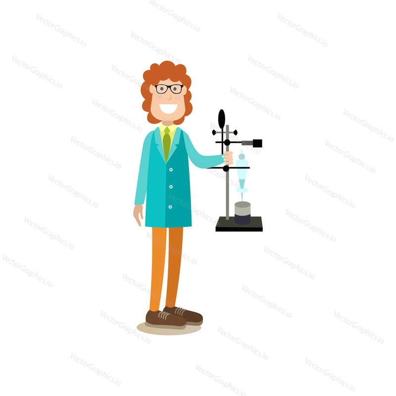 Vector illustration of chemist male holding test tube rack. Science people concept flat style design element, icon isolated on white background.
