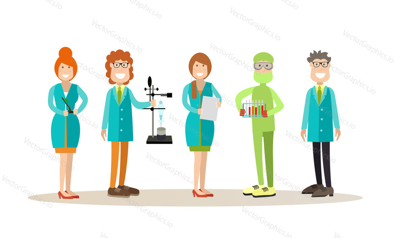 Vector illustration of scientists males and females with lab equipment. Science people concept flat style design element, icon isolated on white background.