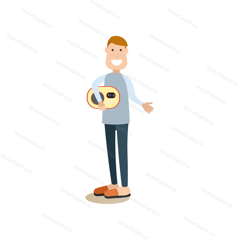 Vector illustration of man holding radio set. Radio people flat style design element, icon isolated on white background.