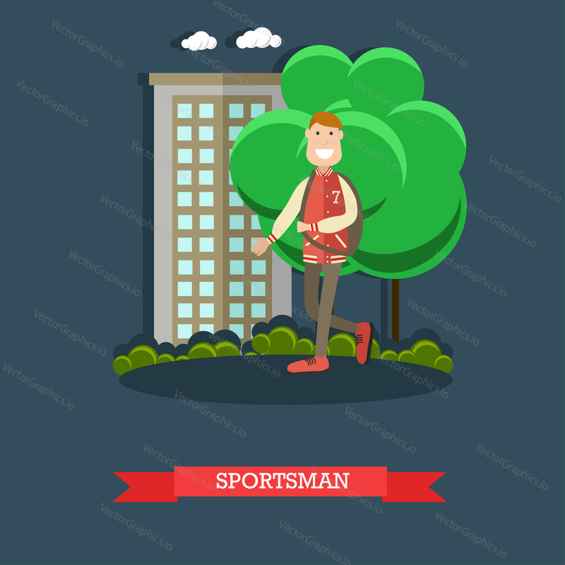 Vector illustration of school team boy walking in the street. Sportsman concept design element in flat style.