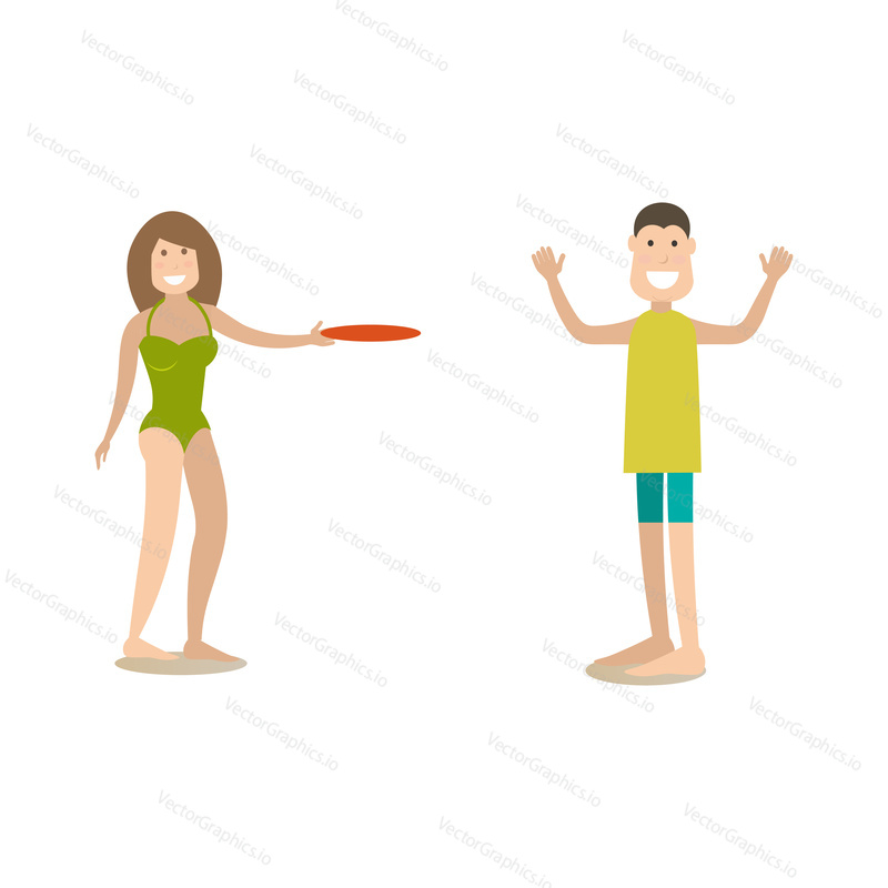 Vektorová ilustrace mladého muže a ženy hrající frisbee. Letní lidé koncept plochý styl designový prvek, ikona izolován na bílém pozadí.
