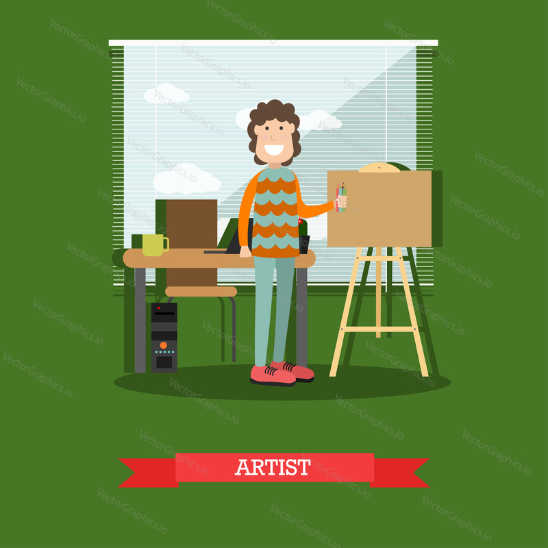 Vektorová ilustrace malíře muže s tužkami stojícími vedle stojanu. Člen kreativního týmu, artist flat style design element.