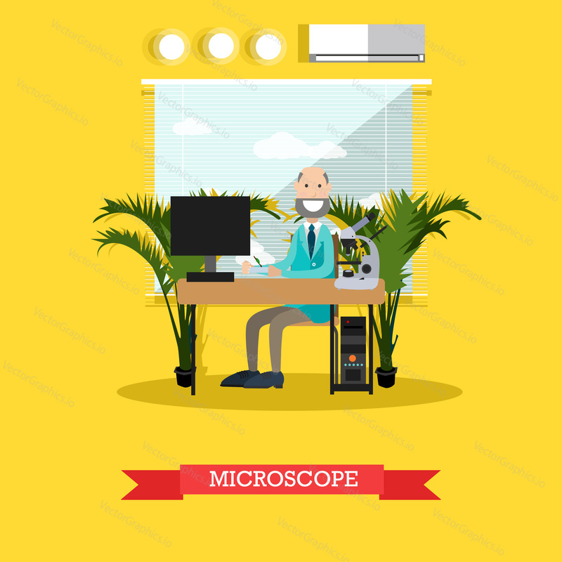 Vector illustration of scientist male sitting at table with computer and laboratory equipment on it. Microscope concept flat style design element.