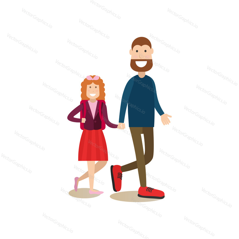Vektorová ilustrace otce, který ráno vzal svou dceru do školy. Školní lidé koncept plochý styl designový prvek, ikona izolované na bílém pozadí.