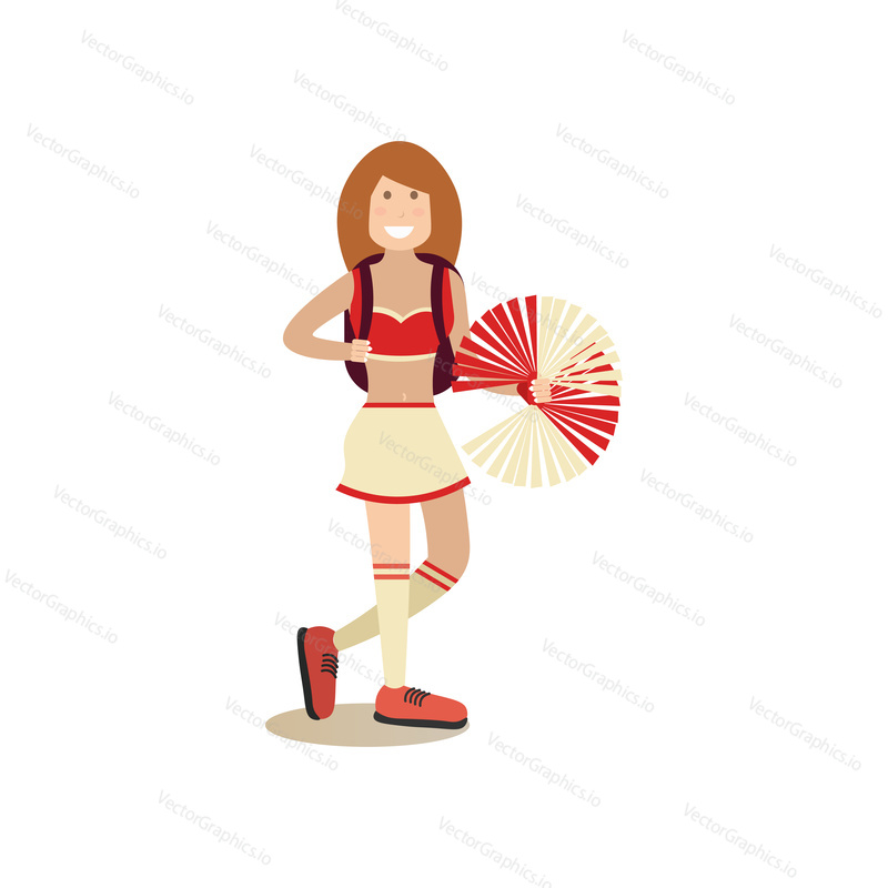 Vector illustration of cute girl cheerleader holding red pompom. School people concept flat style design element, icon isolated on white background.