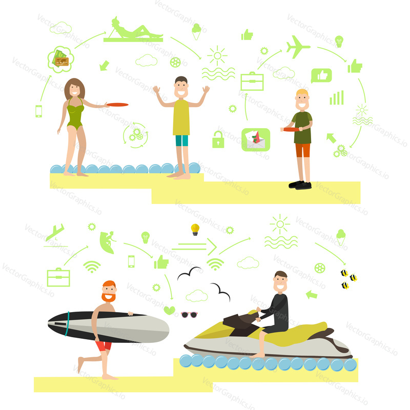 Vektorová ilustrace turistů nebo rekreantů, kteří odpočívají na pláži. Lidé hrají frisbee, surfují, jezdí na vodních lyžích. Letní lidé symboly, ikony izolované na bílém pozadí. Plochý design.