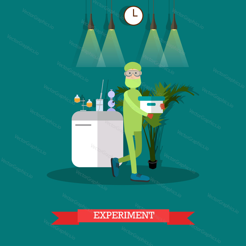 Vektorová ilustrace biologa nebo chemika muže v ochranné masce a brýlích provádějících experiment. Laboratorní vybavení a interiér. Vědecký experiment plochý styl designový prvek.