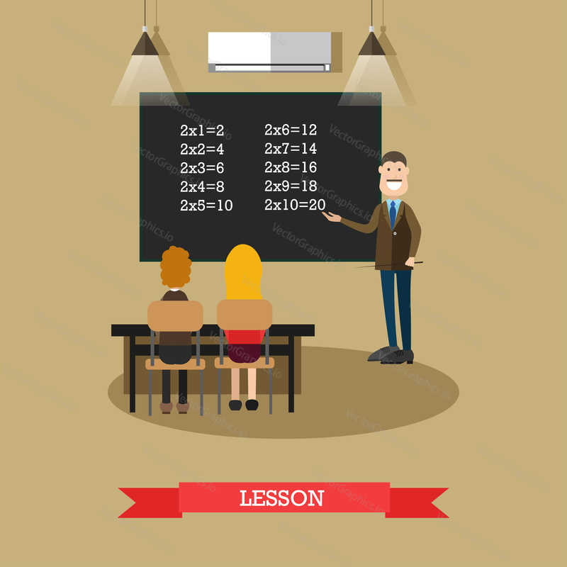 Vector illustration of maths teacher male pointing at blackboard and school children sitting at the desk and listening to the teacher. Classroom interior. Lesson concept design element in flat style.