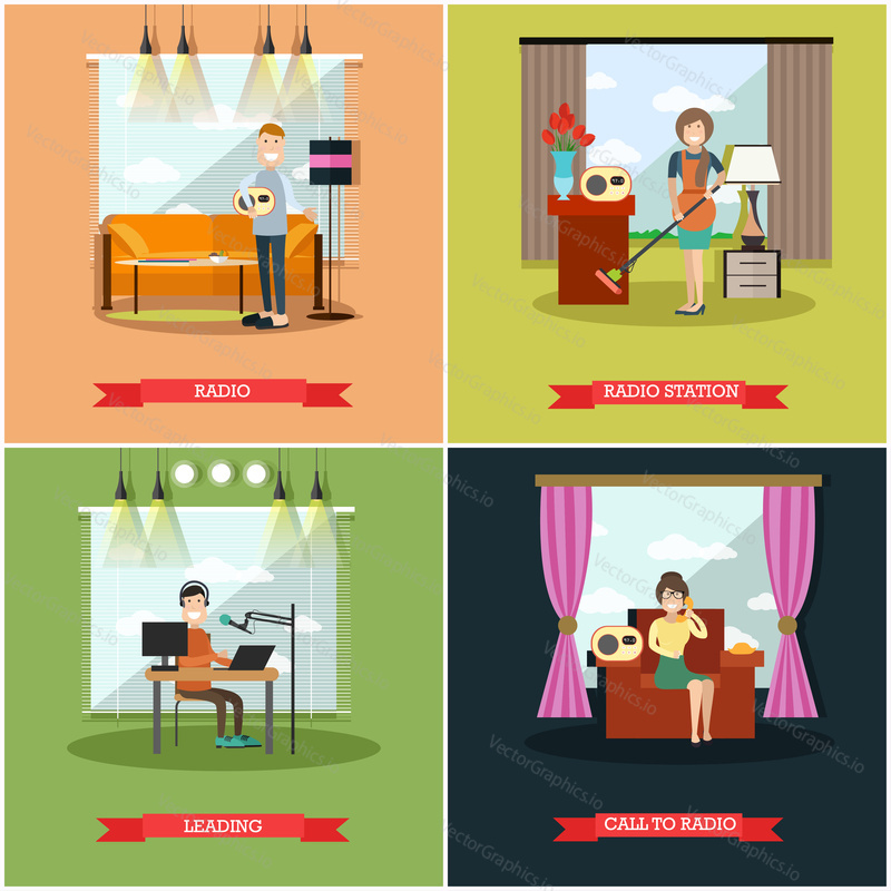 Vector set of radio station posters, banners. Radio, Radio station, Leading and Call to radio concept flat style design elements.