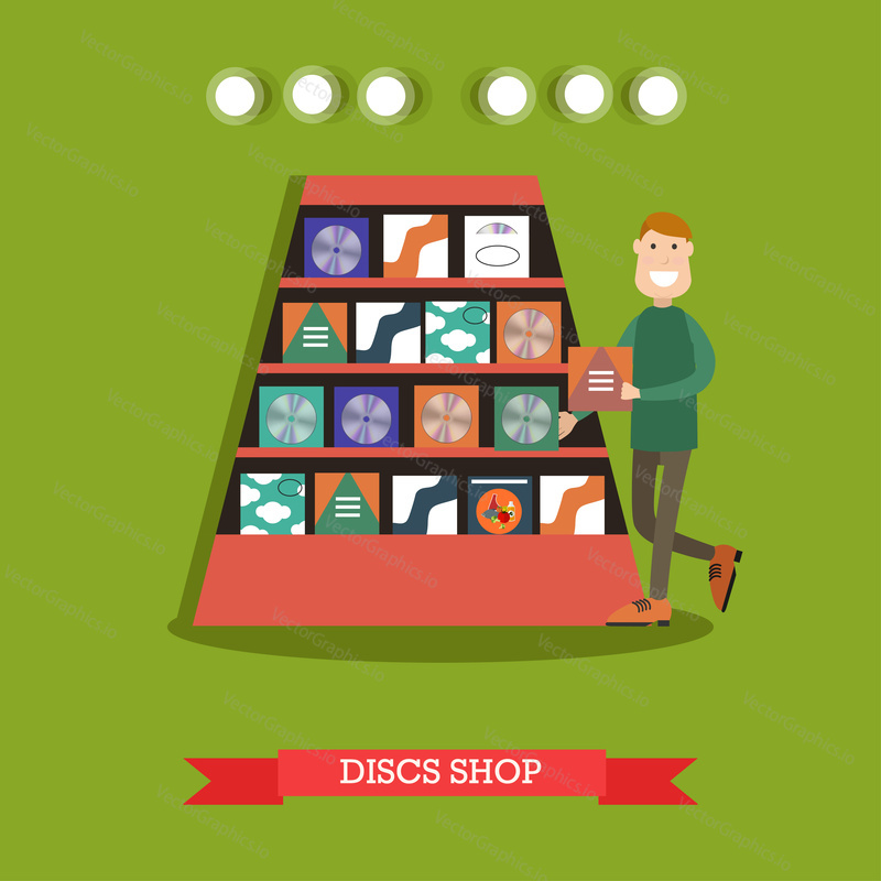 Vektorová ilustrace pracovníka v rádiu muž výběru CD v hudebním obchodě pro rozhlasové programy. Disky obchod koncept designový prvek v plochém stylu.