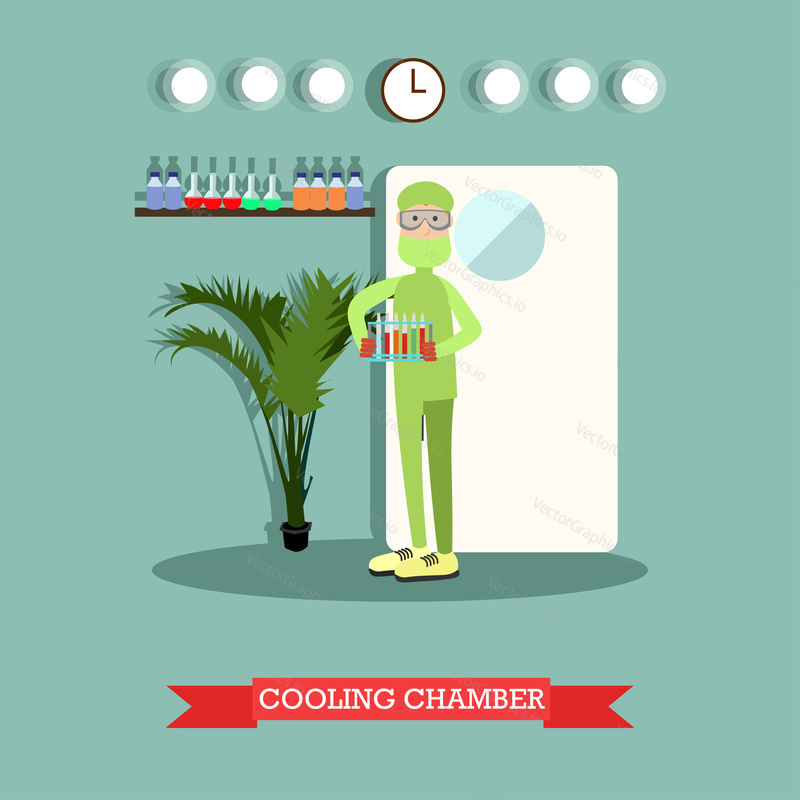 Vector illustration of biologist or chemist male in protective mask and glasses holding laboratory test tubes. Cooling chamber concept design element in flat style.
