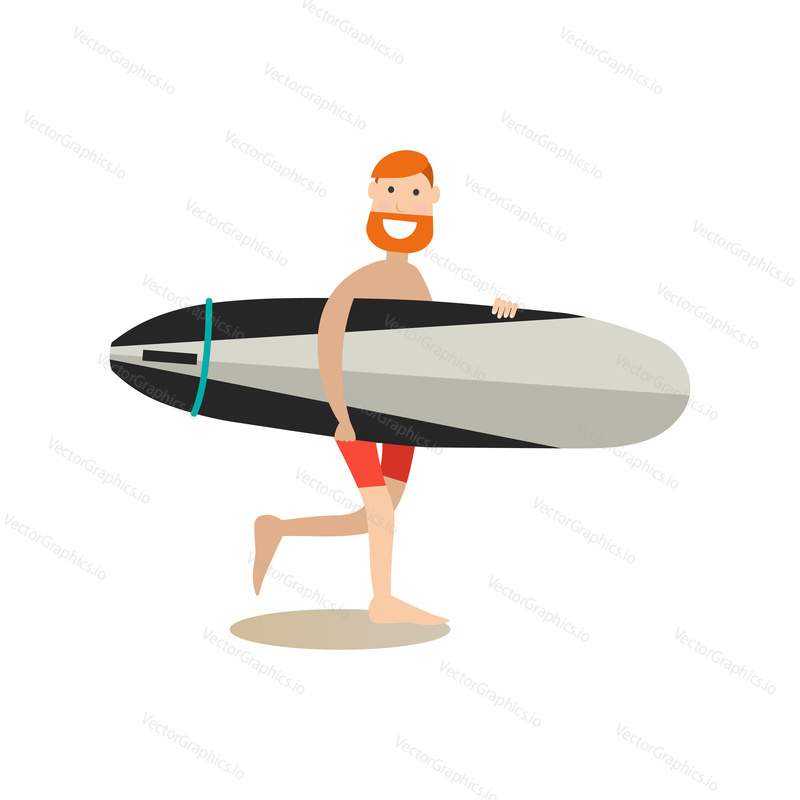 Vector illustration of surfer carrying surfboard. Summer people concept flat style design element, icon isolated on white background.