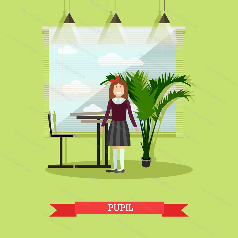 Vektorová ilustrace školní dívky stojící vedle stolu ve třídě. Žák koncept designový prvek v plochém stylu.