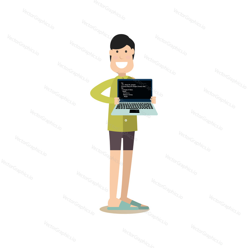 Vektorová ilustrace programátora držícího notebook s programovými kódy na obrazovce. Kreativní tým lidí plochý styl designový prvek, ikona izolované na bílém pozadí.