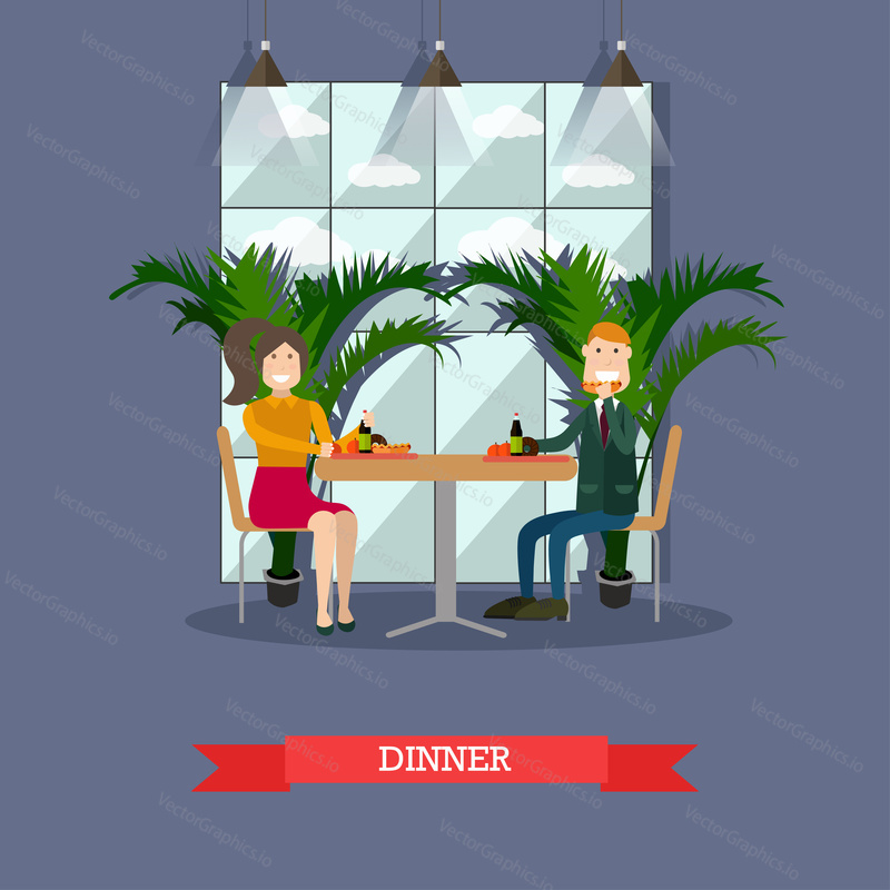 Vector illustration of students having lunch break. Dinner concept design element in flat style.