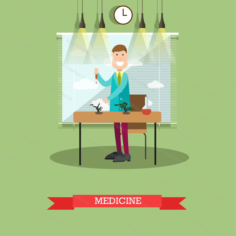 Vector illustration of laboratory technician male carrying out medical test. Medical lab interior and equipment. Medicine concept flat style design element.