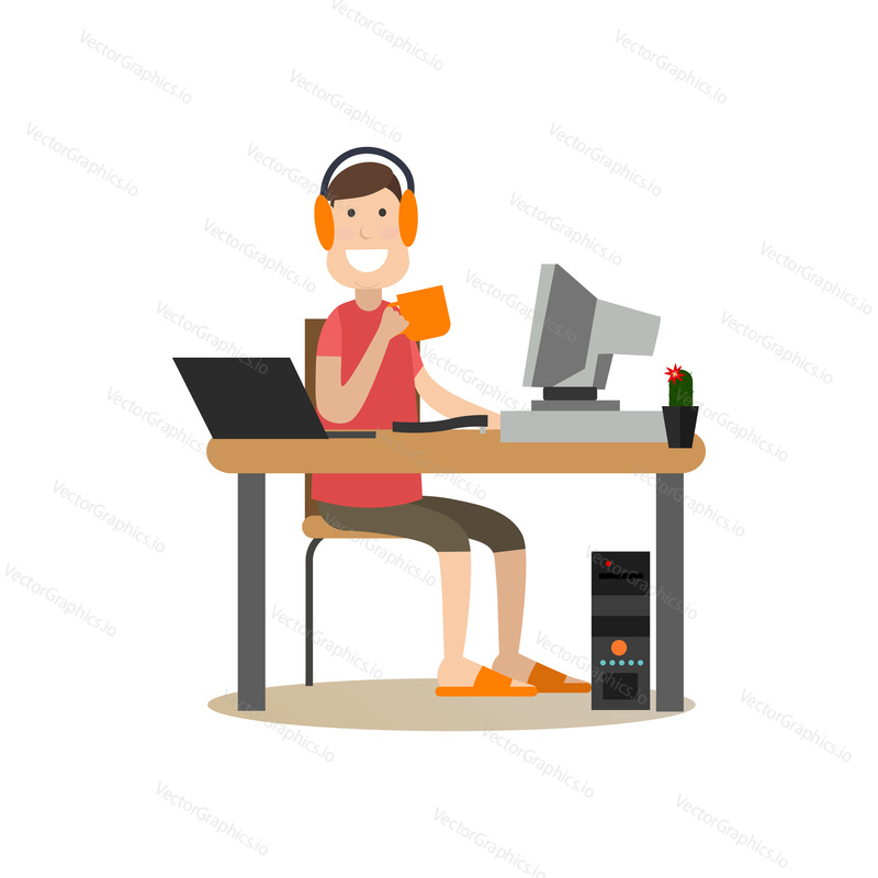 Vector illustration of young man system administrator or programmer working on computer. Creative team people flat style design element, icon isolated on white background.