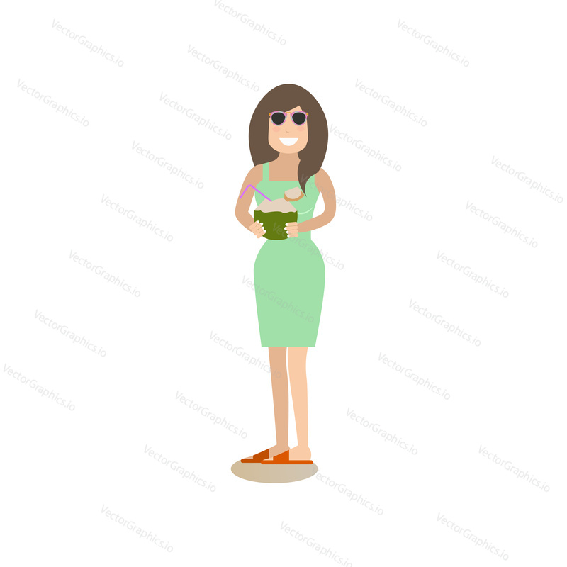 Vector illustration of woman in sunglasses holding coconut cocktail. Summer people concept flat style design element, icon isolated on white background.