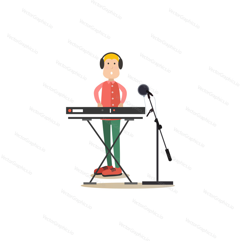 Vektorová ilustrace hudebníka ve sluchátkách hrajícího syntezátor v rádiu. Radio people plochý designový prvek, ikona izolovaná na bílém pozadí.