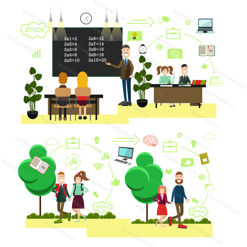 Vector illustration of maths teacher and students at lesson, father taking his daughter to school, pupils girl and boy going to school. School people flat symbols, icons isolated on white background.