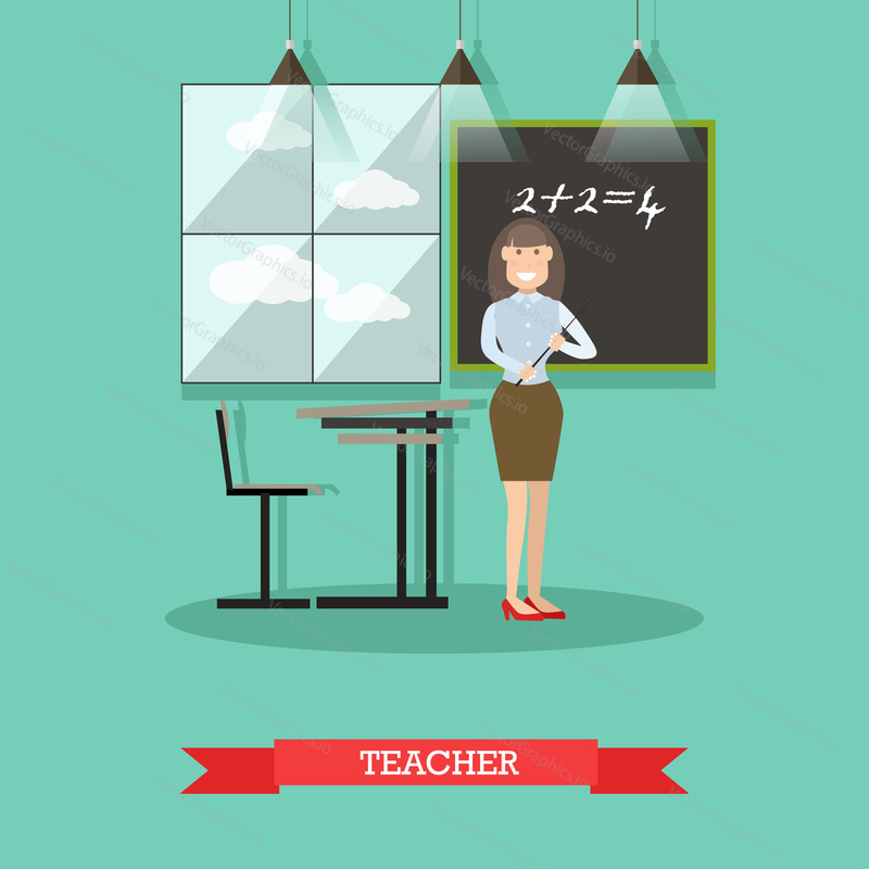 Vector illustration of teacher female with pointer standing next to chalkboard. School concept design element in flat style.