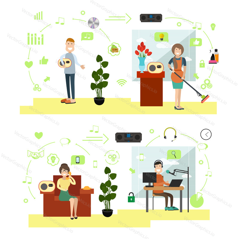 Vector set of people listening to radio station, calling in radio studio and dj or presenter of radio programme taking live phone calls. Flat style design symbols, icons.