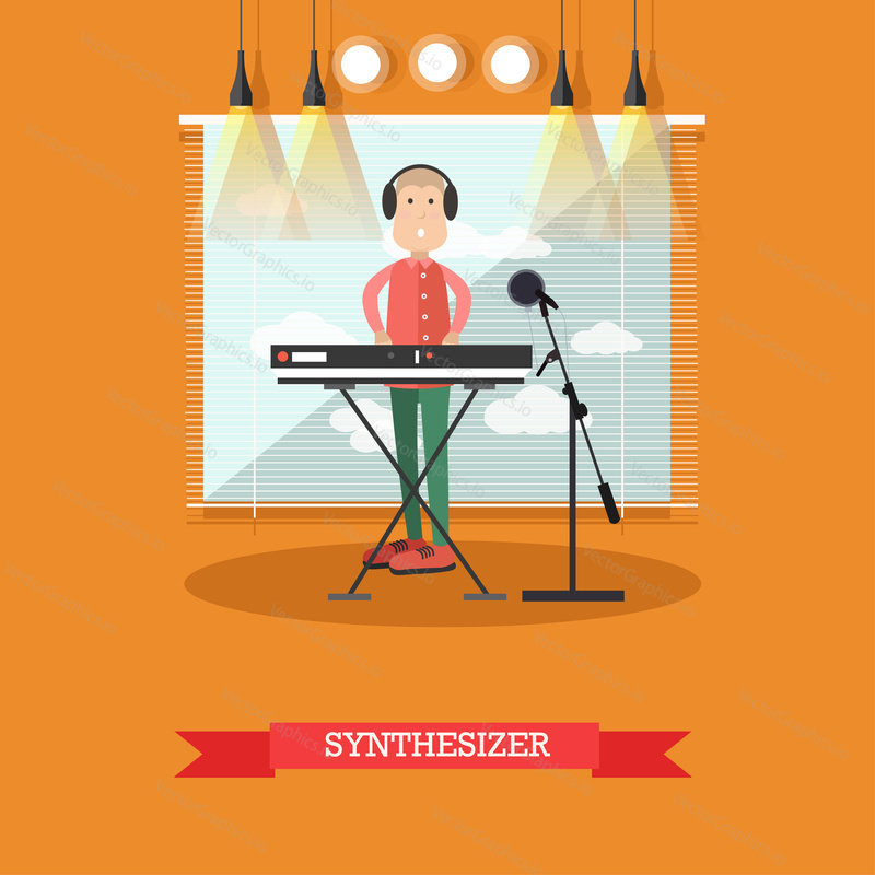 Vektorová ilustrace hudebníka ve sluchátkách hrajícího syntezátor v rozhlasovém studiu. Hudba pro rádio plochý styl designový prvek.