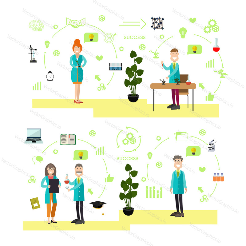 Vector illustration of scientists, laboratory workers carrying out scientific experiments, medical tests. Science people, lab equipment and glassware flat symbols, icons isolated on white background.