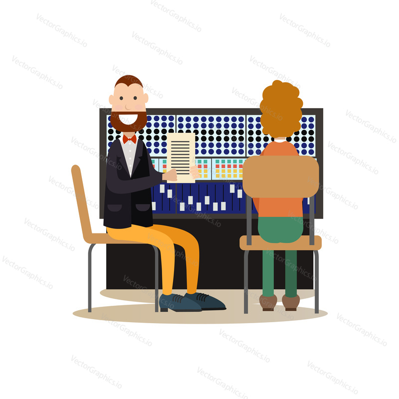 Vector illustration of radio studio workers males producing radio programme with sound recording equipment. Radio people flat style design element, icon isolated on white background.