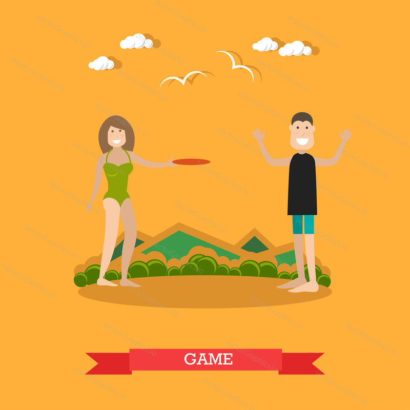 Vektorová ilustrace mladého muže a ženy hrající frisbee. Letní dovolená, pláž venkovní herní koncept designový prvek v plochém stylu.