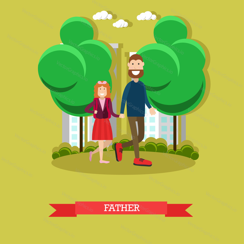 Vektorová ilustrace otce, který ráno vzal svou dceru do školy. Zpátky do školy. Plochý design.