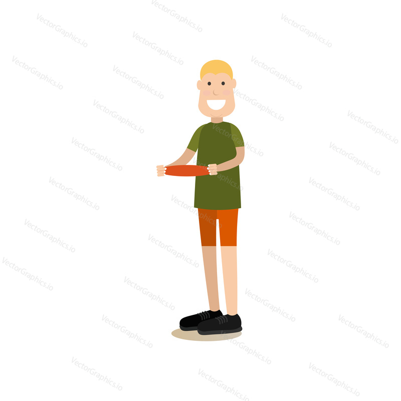 Vektorové ilustrace člověka s plastovým diskem frisbee. Letní lidé koncept plochý styl designový prvek, ikona izolován na bílém pozadí.