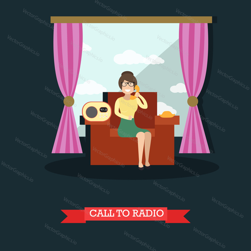 Vector illustration of woman sitting on sofa and talking over the phone. Living room interior. Call to radio studio concept flat style design element.