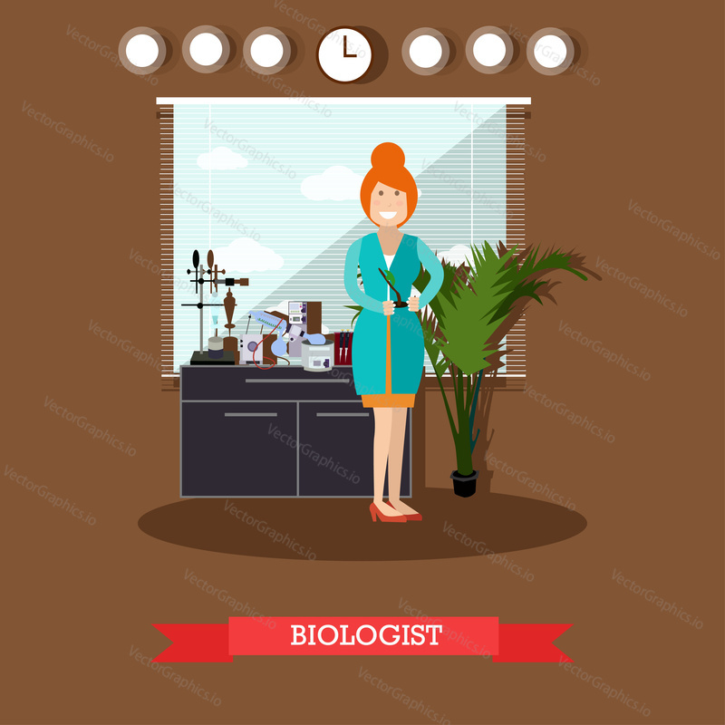 Vector illustration of scientist female holding plant. Biological lab interior with laboratory glassware and equipment. Biologist concept flat style design element.