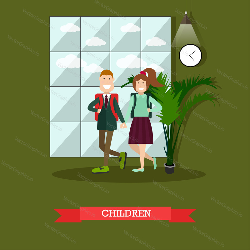 Vector illustration of school children boy and girl holding hands. Children concept design element in flat style.