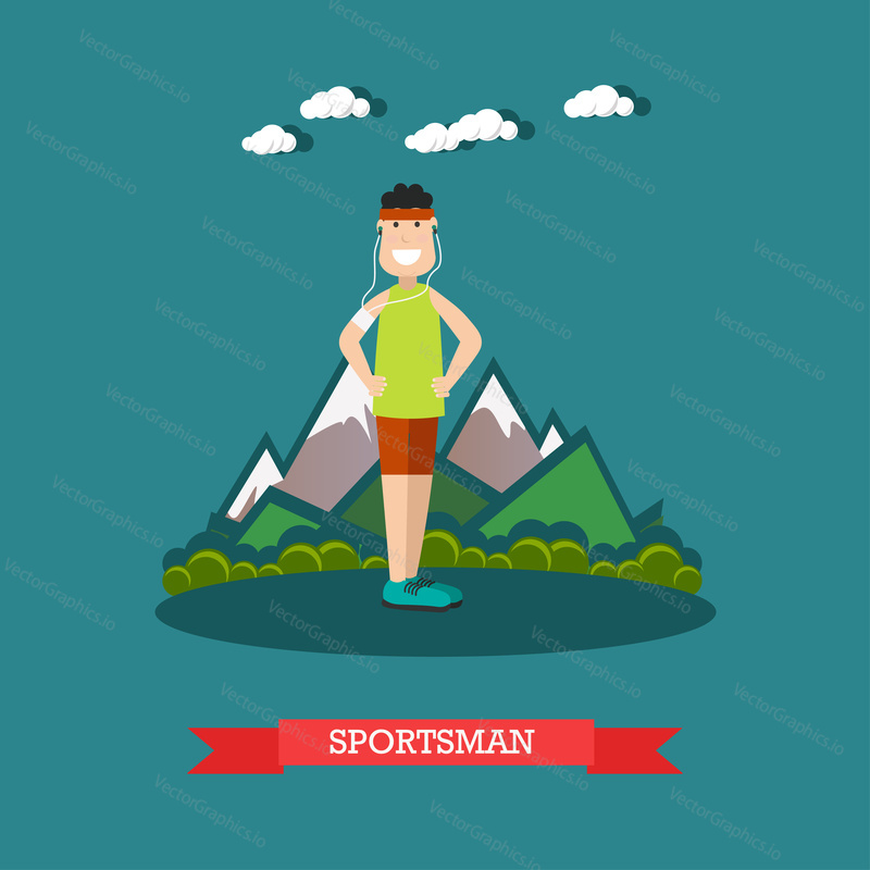 Vector illustration of young man in headphones training in the park. Sportsman flat style design element.