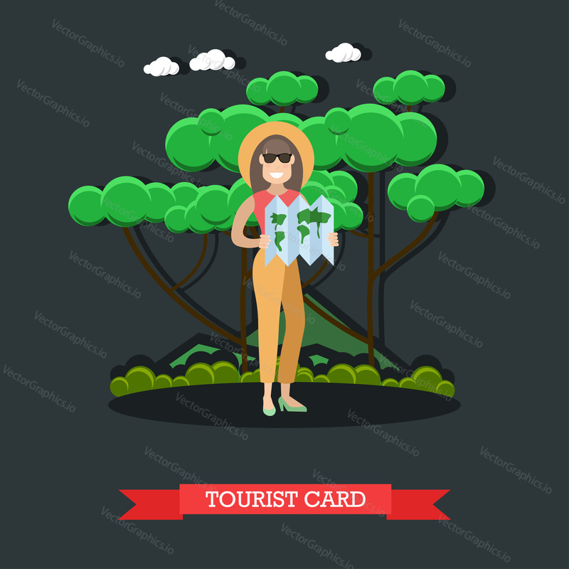 Vektorová ilustrace cestovatelky s turistickou kartou. Letní turistika plochý styl designový prvek.