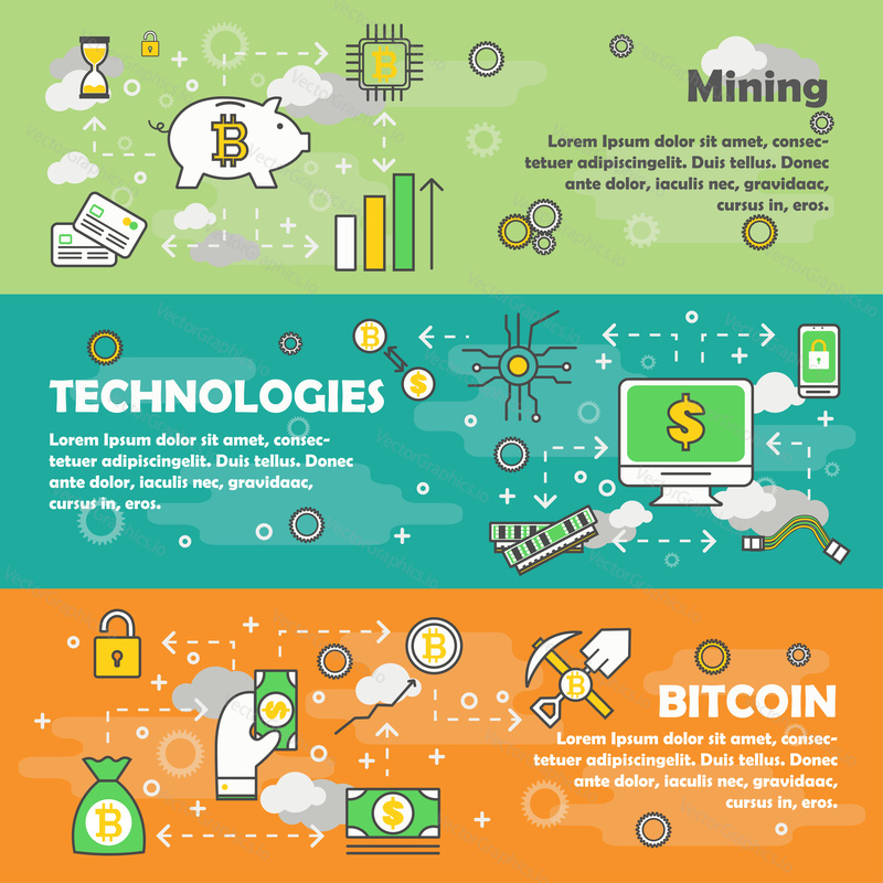 Bitcoin vector horizontální banner set. Těžba, technologie a Bitcoin koncept moderní tenké linie ploché konstrukční prvky, webové šablony.