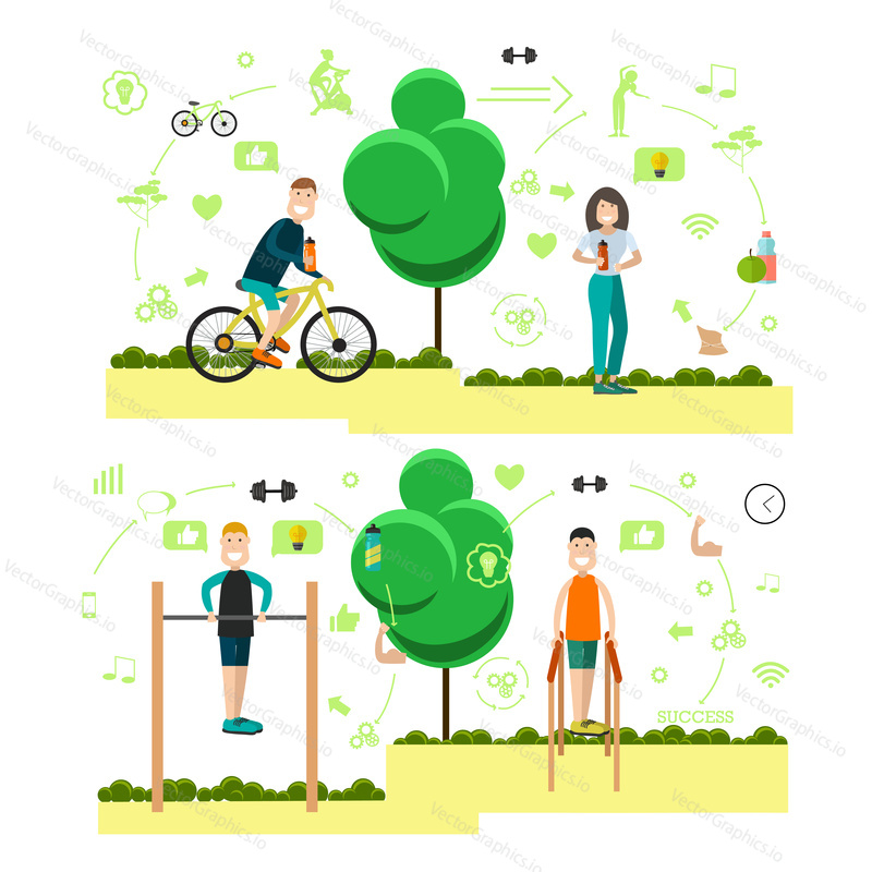 Vektorová ilustrace sportovců provádějících cvičení s vodorovným pruhem a Bradly, fitness dívka, cyklista na kole. Školení mimo lidi ploché symboly, ikony izolované na bílém pozadí.